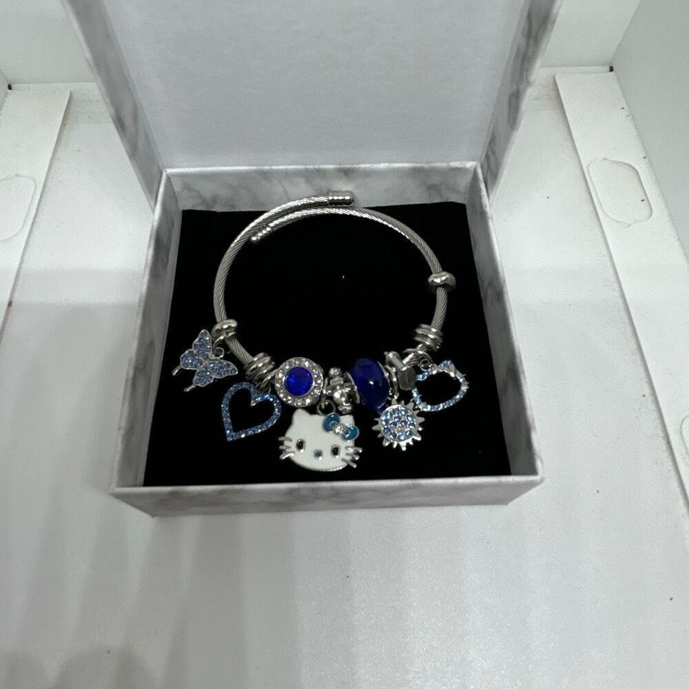 Hello Kitty Charm Bracelet Blue Crystal Heart Butterfly Adjustable Bangle